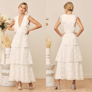 Size‎ S - Lulus Molinetto White Lace Ruffled Tiered Sleeveless Maxi Dress